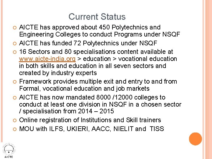 Current Status AICTE has approved about 450 Polytechnics and Engineering Colleges to conduct Programs