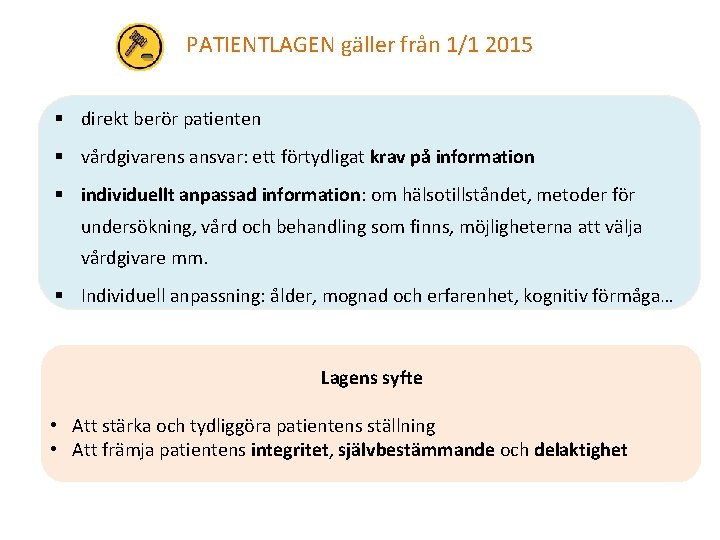 PATIENTLAGEN gäller från 1/1 2015 § direkt berör patienten § vårdgivarens ansvar: ett förtydligat