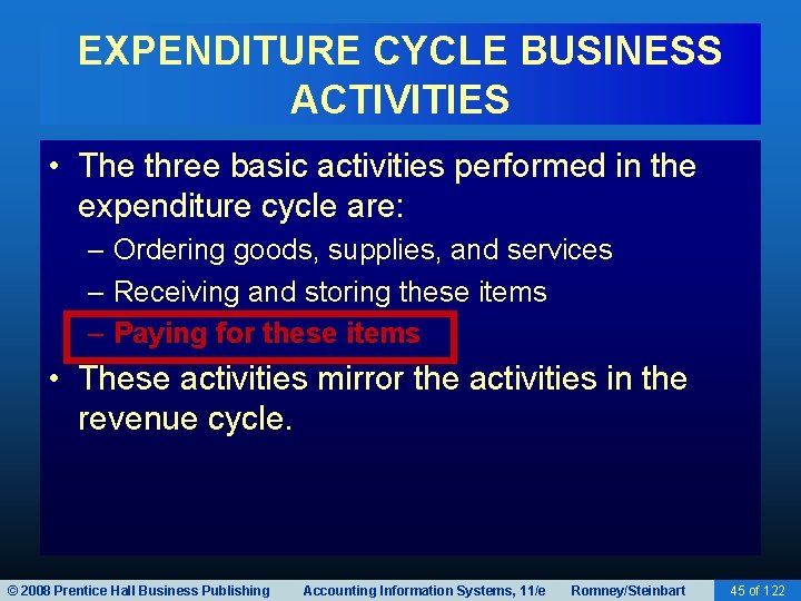 EXPENDITURE CYCLE BUSINESS ACTIVITIES • The three basic activities performed in the expenditure cycle