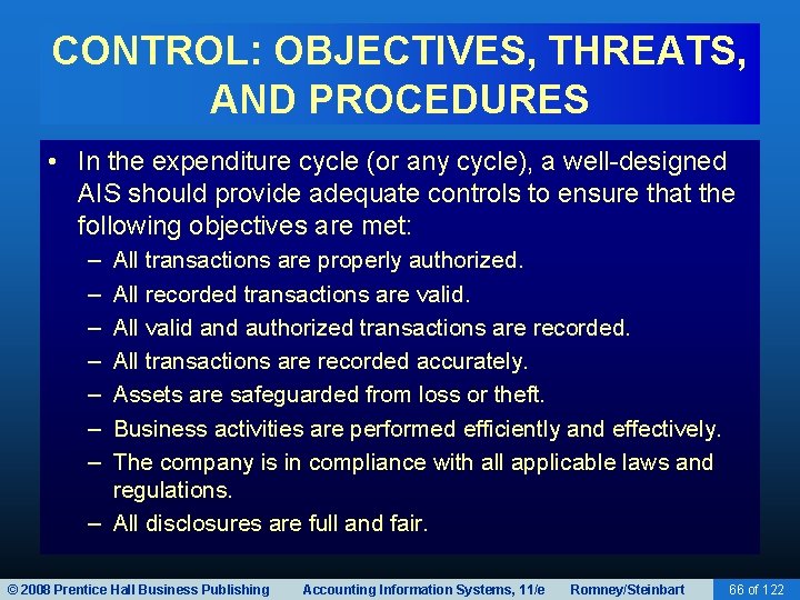 CONTROL: OBJECTIVES, THREATS, AND PROCEDURES • In the expenditure cycle (or any cycle), a