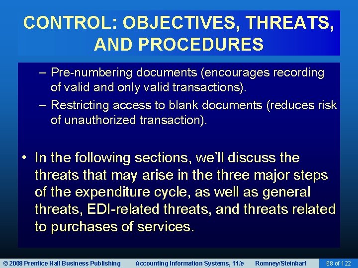 CONTROL: OBJECTIVES, THREATS, AND PROCEDURES – Pre-numbering documents (encourages recording of valid and only