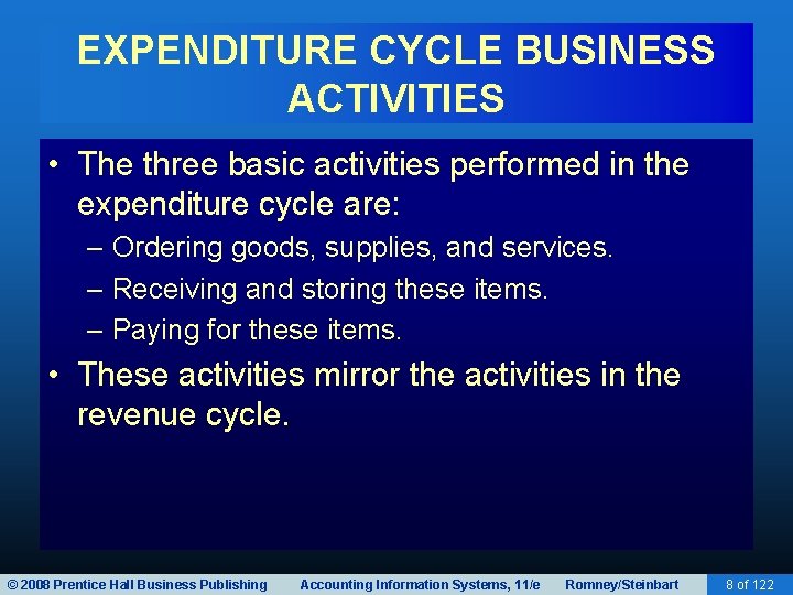 EXPENDITURE CYCLE BUSINESS ACTIVITIES • The three basic activities performed in the expenditure cycle