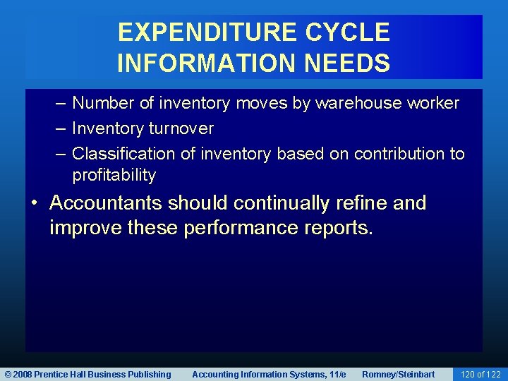 EXPENDITURE CYCLE INFORMATION NEEDS – Number of inventory moves by warehouse worker – Inventory