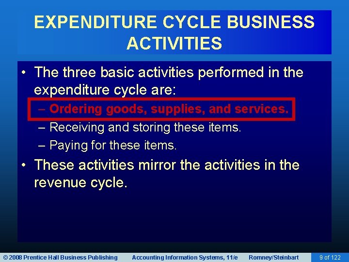 EXPENDITURE CYCLE BUSINESS ACTIVITIES • The three basic activities performed in the expenditure cycle