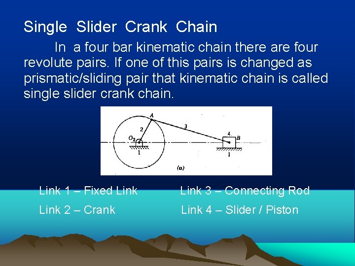 Single Slider Crank Chain In a four bar kinematic chain there are four revolute