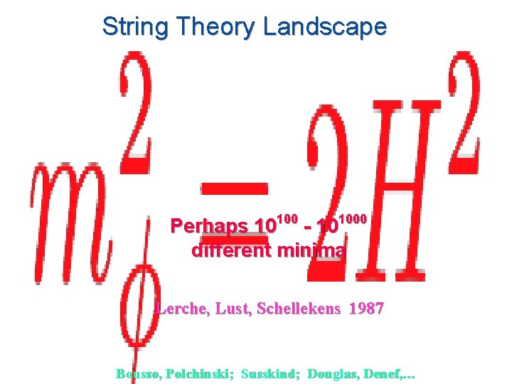 String Theory Landscape Perhaps 10100 - 101000 different minima Lerche, Lust, Schellekens 1987 Bousso,