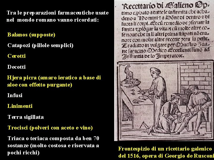 Tra le preparazioni farmaceutiche usate nel mondo romano vanno ricordati: Balanos (supposte) Catapozi (pillole