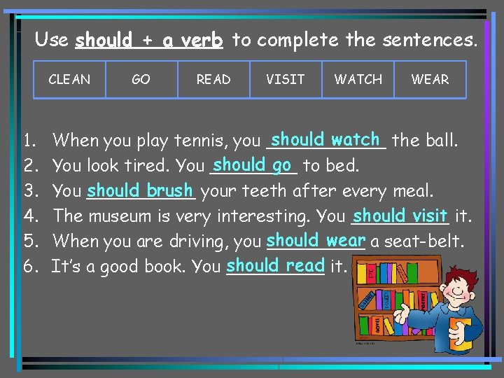 Use should + a verb to complete the sentences. CLEAN 1. 2. 3. 4.