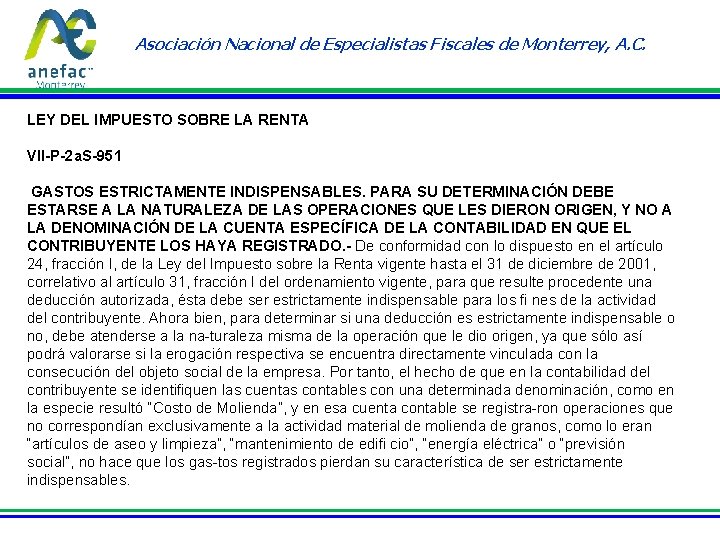 Asociación Nacional de Especialistas Fiscales de Monterrey, A. C. LEY DEL IMPUESTO SOBRE LA