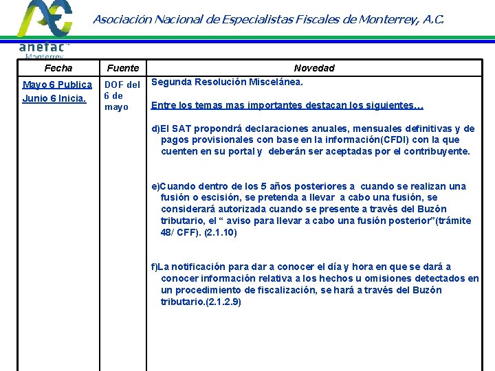 Asociación Nacional de Especialistas Fiscales de Monterrey, A. C. Fecha Mayo 6 Publica Junio