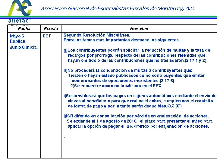 Asociación Nacional de Especialistas Fiscales de Monterrey, A. C. Fecha Fuente DOF Mayo 6 Asociación Nacional de Especialistas Fiscales de Monterrey, A. C. Fecha Fuente DOF Mayo 6