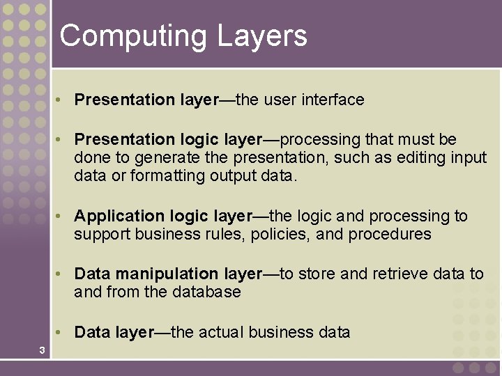 Computing Layers • Presentation layer—the user interface • Presentation logic layer—processing that must be