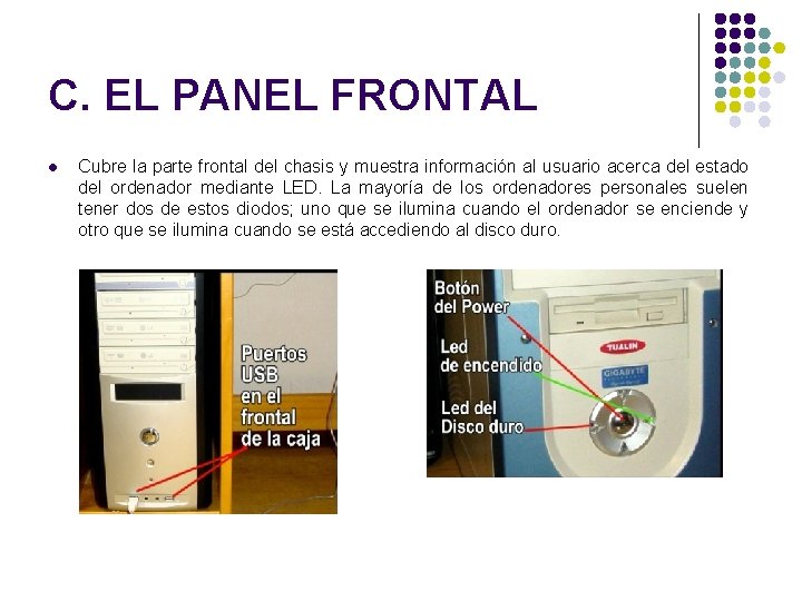 C. EL PANEL FRONTAL l Cubre la parte frontal del chasis y muestra información