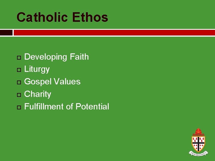 Catholic Ethos Developing Faith Liturgy Gospel Values Charity Fulfillment of Potential 