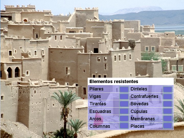Elementos resistentes Pilares Dinteles Vigas Contrafuertes Tirantes Bóvedas Escuadras Cúpulas Arcos Membranas Columnas Placas