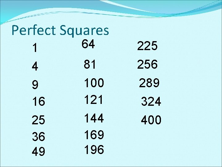 Perfect Squares 1 4 9 16 25 36 49 64 225 81 100 121 Perfect Squares 1 4 9 16 25 36 49 64 225 81 100 121