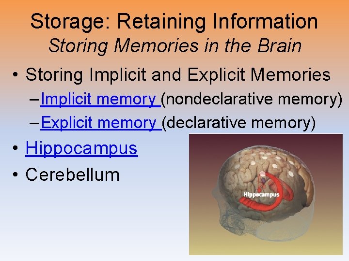 Storage: Retaining Information Storing Memories in the Brain • Storing Implicit and Explicit Memories
