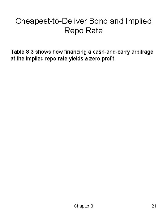 Cheapest to Deliver Bond and Implied Repo Rate Table 8. 3 shows how financing