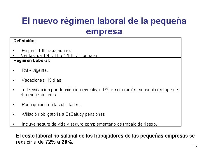 El nuevo régimen laboral de la pequeña empresa Definición: • Empleo: 100 trabajadores. • El nuevo régimen laboral de la pequeña empresa Definición: • Empleo: 100 trabajadores. •