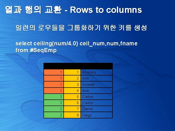 열과 행의 교환 - Rows to columns 일련의 로우들을 그룹화하기 위한 키를 생성 select