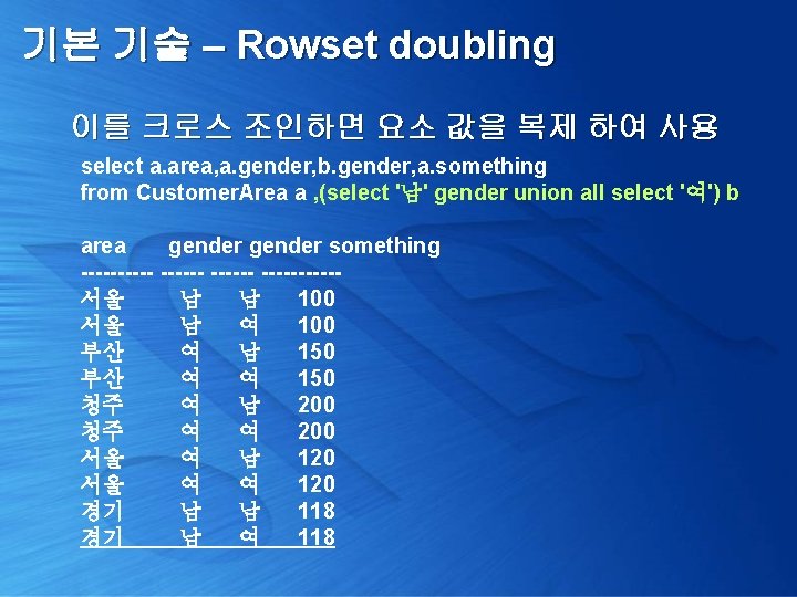 기본 기술 – Rowset doubling 이를 크로스 조인하면 요소 값을 복제 하여 사용 select