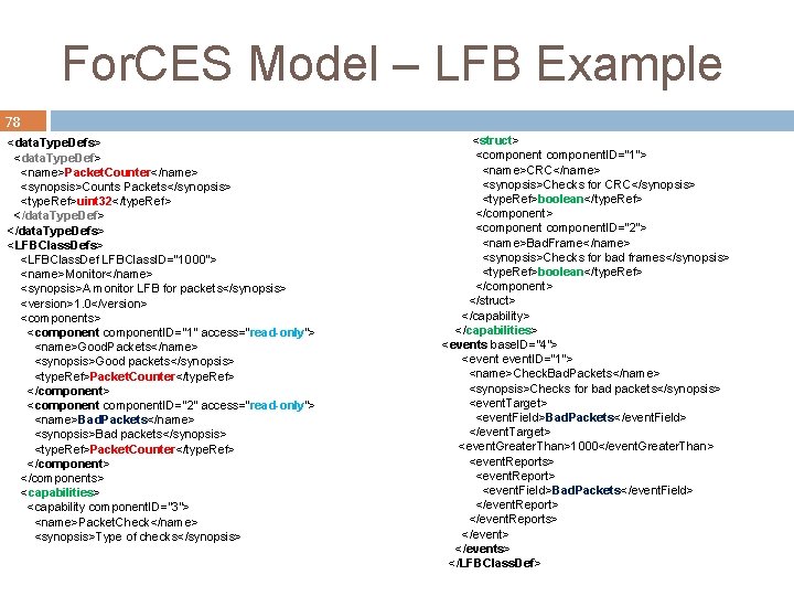 For. CES Model – LFB Example 78 <data. Type. Defs> <data. Type. Def> <name>Packet.