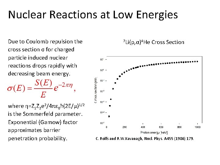 Nuclear Reactions at Low Energies Due to Coulomb repulsion the cross section σ for