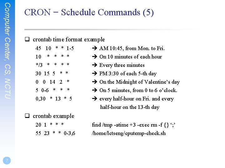 Computer Center, CS, NCTU CRON – Schedule Commands (5) q crontab time format example Computer Center, CS, NCTU CRON – Schedule Commands (5) q crontab time format example