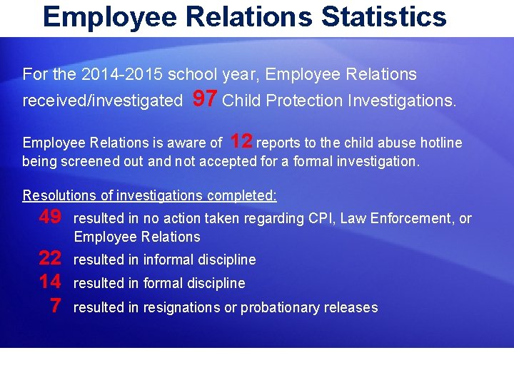 Employee Relations Statistics For the 2014 -2015 school year, Employee Relations received/investigated 97 Child