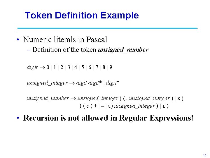 Token Definition Example • Numeric literals in Pascal – Definition of the token unsigned_number