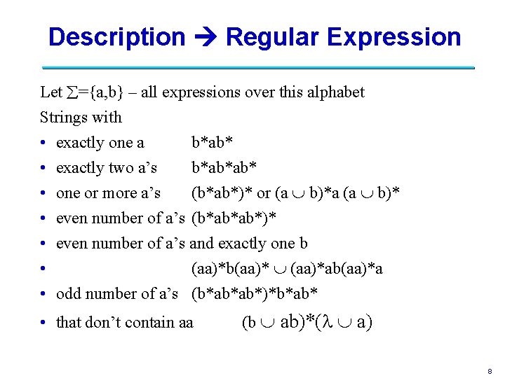 Description Regular Expression Let ={a, b} – all expressions over this alphabet Strings with