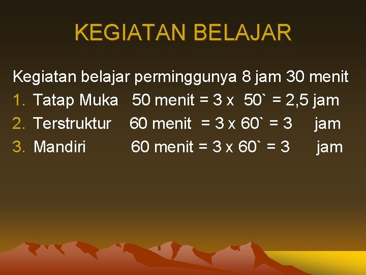 KEGIATAN BELAJAR Kegiatan belajar perminggunya 8 jam 30 menit 1. Tatap Muka 50 menit KEGIATAN BELAJAR Kegiatan belajar perminggunya 8 jam 30 menit 1. Tatap Muka 50 menit