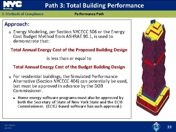 Path 3: Total Building Performance 3. Methods of Compliance Performance Path Approach: q Energy