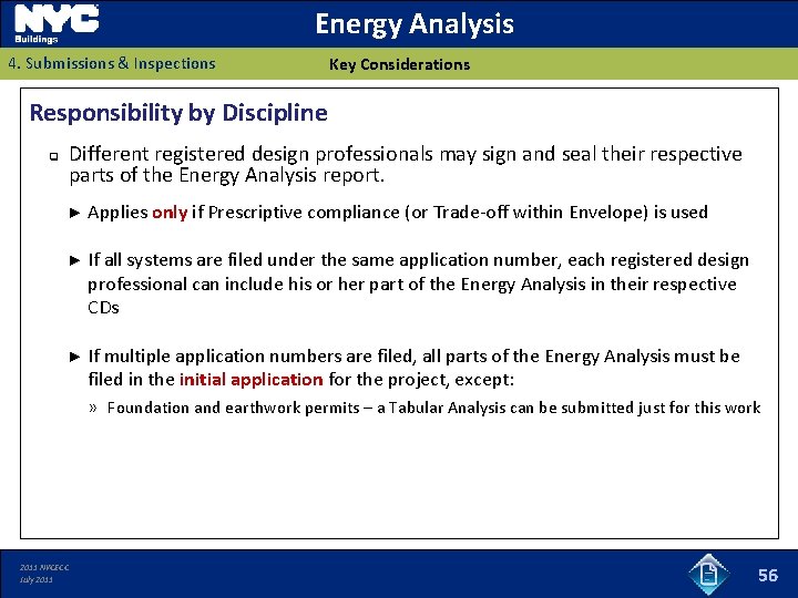 Energy Analysis 4. Submissions & Inspections Key Considerations Responsibility by Discipline Different registered design