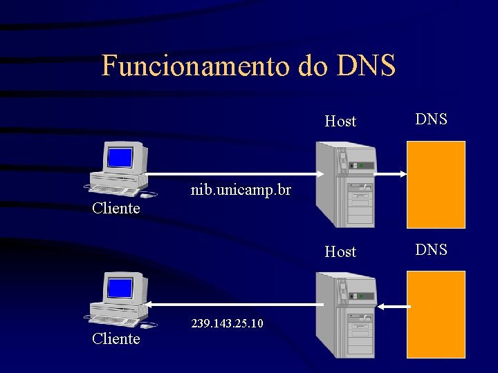 Funcionamento do DNS Host DNS nib. unicamp. br Cliente 239. 143. 25. 10 