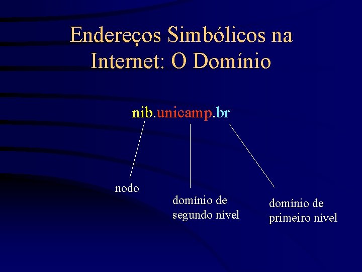 Endereços Simbólicos na Internet: O Domínio nib. unicamp. br nodo domínio de segundo nível