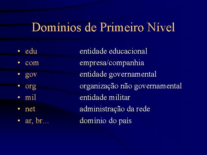 Domínios de Primeiro Nível • • edu com gov org mil net ar, br…