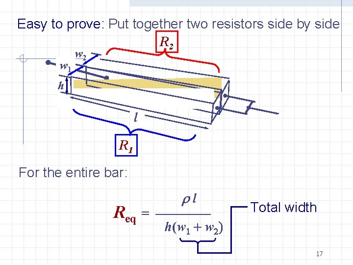 Easy to prove: Put together two resistors side by side R 2 w 1
