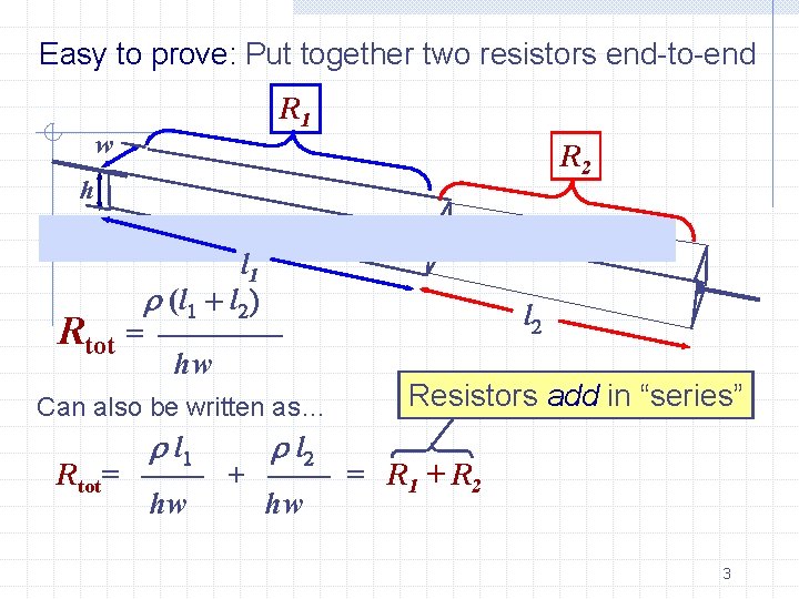 Easy to prove: Put together two resistors end-to-end R 1 w R 2 h