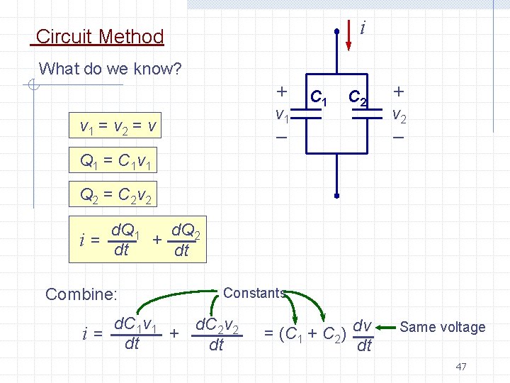i Circuit Method What do we know? + v 1 = v 2 =