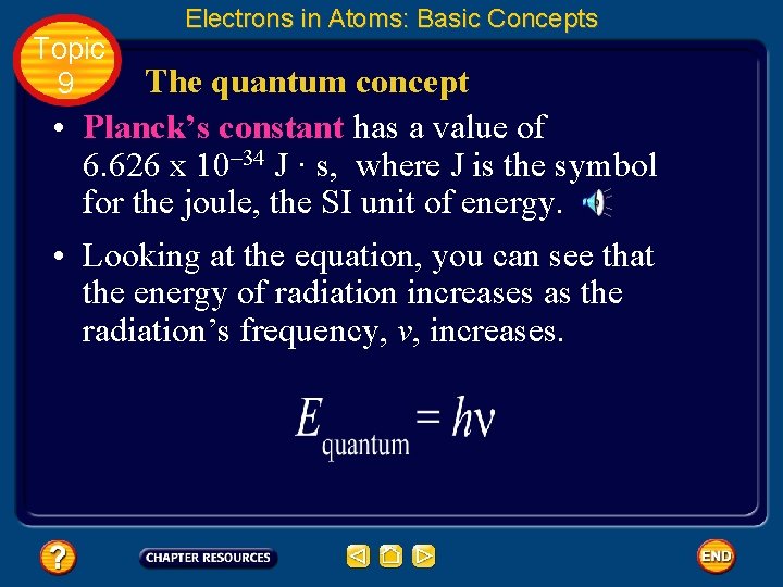 Topic 9 Electrons in Atoms: Basic Concepts The quantum concept • Planck’s constant has