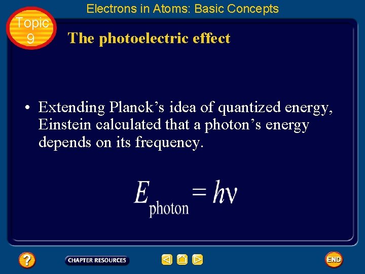 Topic 9 Electrons in Atoms: Basic Concepts The photoelectric effect • Extending Planck’s idea
