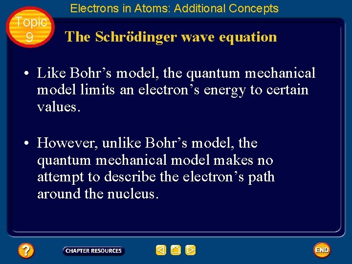 Topic 9 Electrons in Atoms: Additional Concepts The Schrödinger wave equation • Like Bohr’s