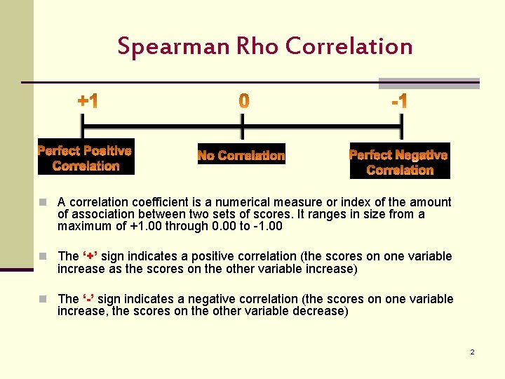 Spearman Rho Correlation n A correlation coefficient is a numerical measure or index of