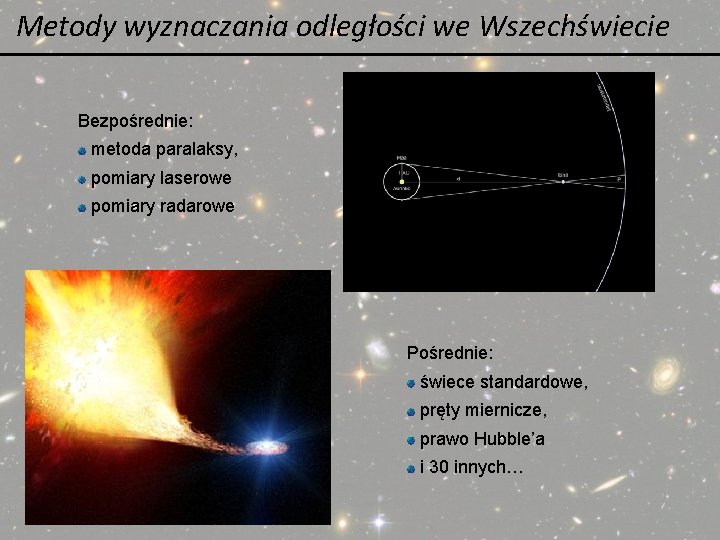 Metody wyznaczania odległości we Wszechświecie Bezpośrednie: metoda paralaksy, pomiary laserowe pomiary radarowe Pośrednie: świece Metody wyznaczania odległości we Wszechświecie Bezpośrednie: metoda paralaksy, pomiary laserowe pomiary radarowe Pośrednie: świece