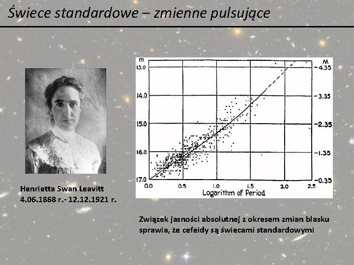 Świece standardowe – zmienne pulsujące Henrietta Swan Leavitt 4. 06. 1868 r. - 12. Świece standardowe – zmienne pulsujące Henrietta Swan Leavitt 4. 06. 1868 r. - 12.