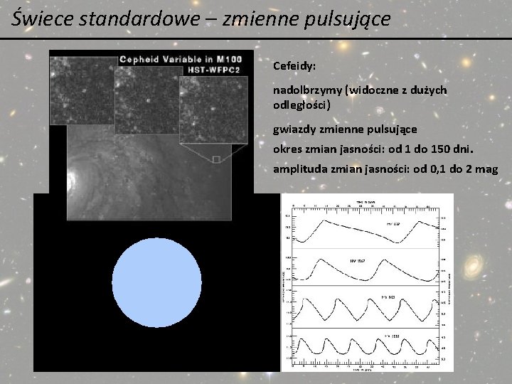 Świece standardowe – zmienne pulsujące Cefeidy: nadolbrzymy (widoczne z dużych odległości) gwiazdy zmienne pulsujące Świece standardowe – zmienne pulsujące Cefeidy: nadolbrzymy (widoczne z dużych odległości) gwiazdy zmienne pulsujące