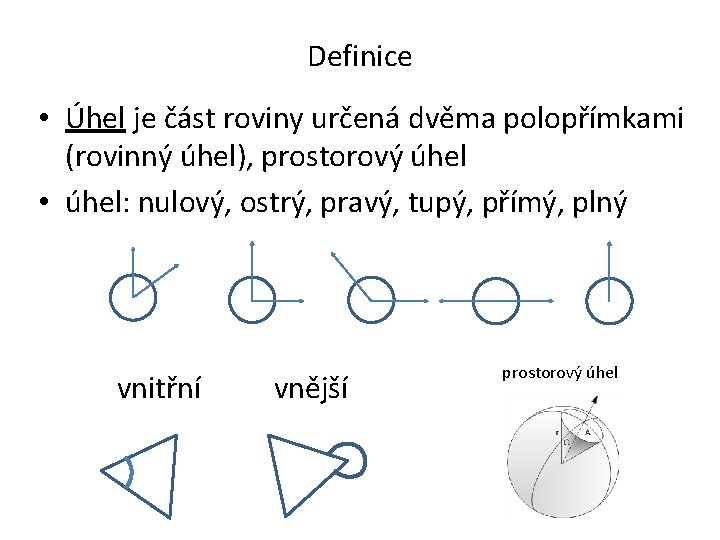 Definice • Úhel je část roviny určená dvěma polopřímkami (rovinný úhel), prostorový úhel •