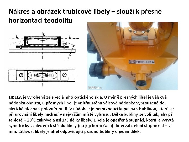 Nákres a obrázek trubicové libely – slouží k přesné horizontaci teodolitu LIBELA je vyrobená