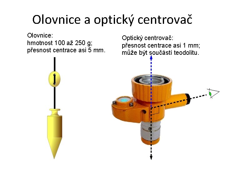 Olovnice a optický centrovač Olovnice: hmotnost 100 až 250 g; přesnost centrace asi 5